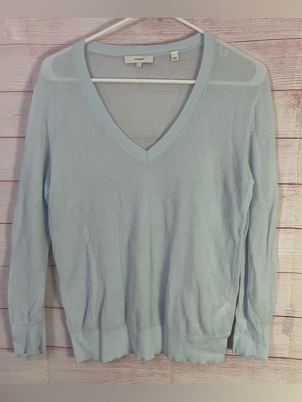 Vince 100% Cotton Blue Semi Sheer V-Neck Long Sleeve Light Weight Sweater Larg